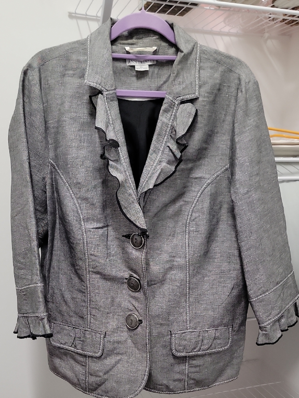 Ann Trinity XL Gray Ruffle-Trim Blazer